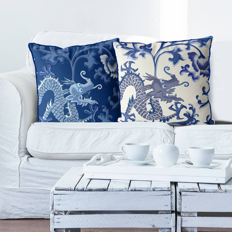 Dragon Garden Chinoiserie Pillow - Blue
